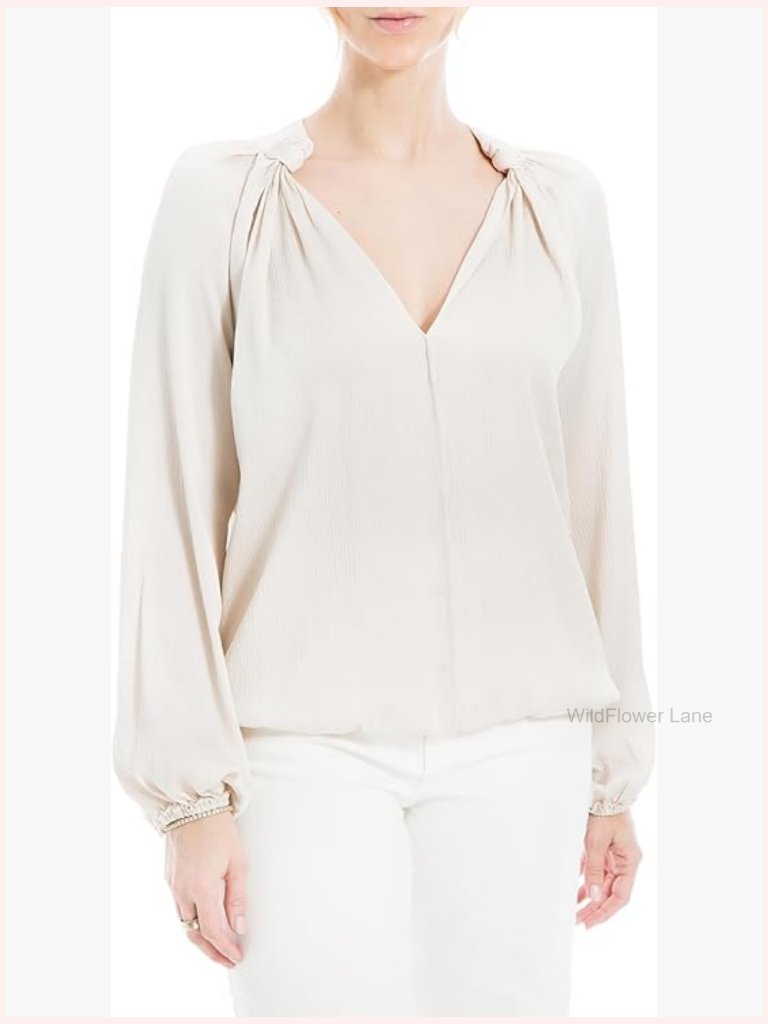 Matte Satin Balloon Sleeve V Neck Blouse With Knot Details